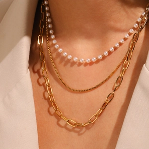 Layered Necklace Stainless Steel Imitation Artificial Pearl Paperclip Box Chain Trendy Fashion Jewelry For Women