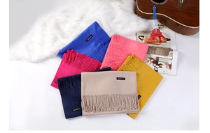 Selection of solid cashmere scarves with tassels in blue, pink, and beige with labels