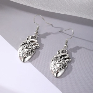 Gothic anatomical heart drop earrings in vintage silver metal for Halloween jewelry