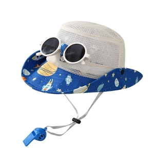 Kids blue and white space print sun hat with attached white round frame sunglasses