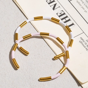 Minimalist stainless steel enamel open cuff bracelet in gold and pastel colors