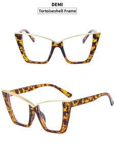 Detailed views of stylish cat-eye glasses frame with tortoiseshell pattern and metal accents