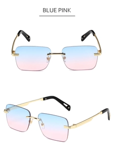 Detalle de gafas de sol rectangulares sin montura con lentes degradadas de azul a rosa