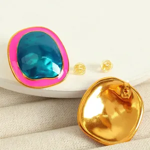 Chic irregular geometric stud earrings with pink and blue enamel and gold plating