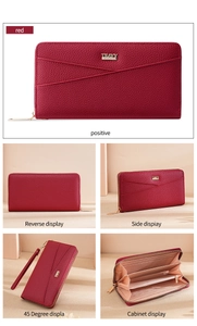 Detailed views of red textured leather wallet showing interior slots and gold zipper