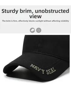 Detailed view of NAVY SEAL golden embroidery on a durable black camouflage baseball cap