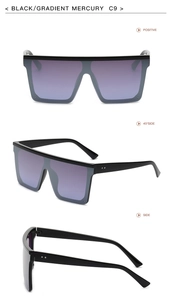 Occhiali da sole oversize flat top con montatura nera e lenti sfumate viola mercurio in tre viste