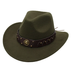 Close-up of olive green felt cowboy hat with brown leather strap and vintage gold emblem