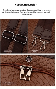 Detail of brown woven texture PU leather backpack with gunmetal hardware and strap buckles
