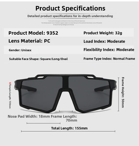 Detailed size chart for sports cycling sunglasses with PC lens and 155mm frame width