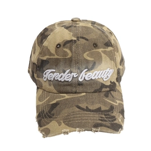 Distressed camo baseball cap with Tender Beauty 3D embroidery and washed denim texture