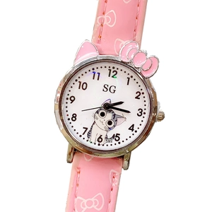 Cute Cartoon Cat Quartz Watch For Girls Kids With PU Leather Strap Alloy Case Bow Print Analog Display Round Dial Kawaii