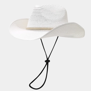 Detail of white straw cowboy hat showing woven texture and decorative beaded gold band