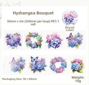Detailed view of PET tape featuring blue hydrangea, butterflies, and floral patterns