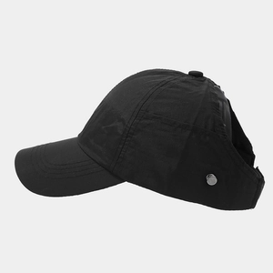 Side view of black ponytail baseball cap with quick-dry fabric and metal buckle detail