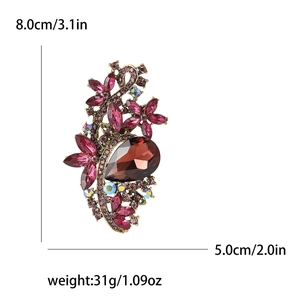 Detailed size chart showing amethyst crystal brooch dimensions of 8x5cm and 31g weight