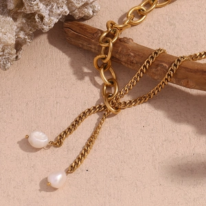 18K gold plated double layer Cuban link necklace with Y-shape freshwater pearl pendants