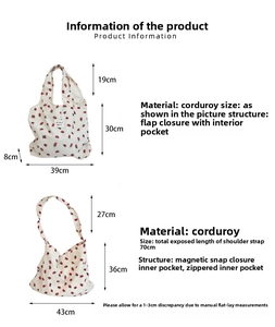 Dimensions du fourre-tout en velours côtelé et sac bandoulière avec détails des poches