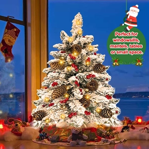Mini 60cm flocked Christmas tree with pinecones, red berries and warm LED lights
