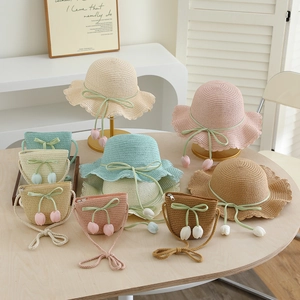 Kids summer straw hat and mini crossbody bag set with floral tulips and ribbons
