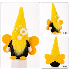 Three-view display of bee gnome plush with wings and daisy hat showing all sides