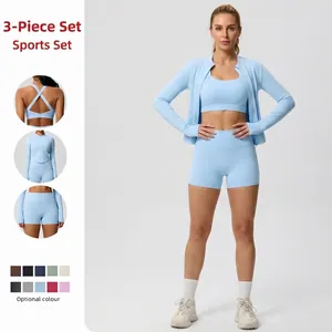 Vêtements de Sport pour Femmes Yoga Top And Bottom Haute Élasticité Respirant Veste Manches Longues Soutien-Gorge Sport Short