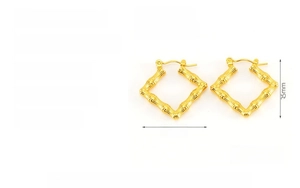 Detail view of gold bamboo texture square hoop earrings with 25mm dimensions