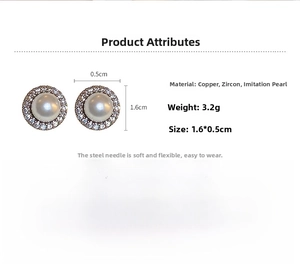 Detail view of pearl stud earrings with zircon inlay showing dimensions 1.6cm by 0.5cm