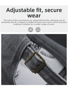 Close-up of adjustable metal buckle and grey fabric on the back of baseball cap