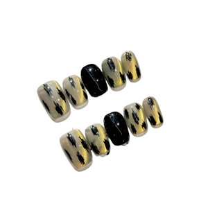Handmade cat eye press-on nails set with black gold leopard texture and square shape