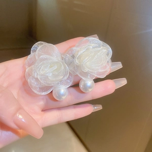 Elegant Mesh Organza Flower Faux Artificial Pearl Dangle Earrings With Silver Earring Post Sweet Korean Style For Women