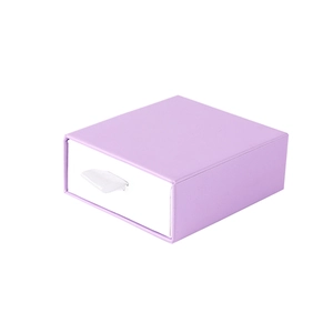 Purple drawer-style jewelry gift box with a white inner tray and ribbon pull handle