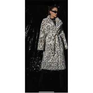 Mid-length leopard print faux fox fur coat with notched lapel and belted waist for women