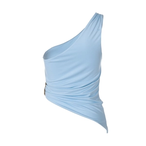 Detail of light blue one-shoulder top with irregular hem and side gold metal ring