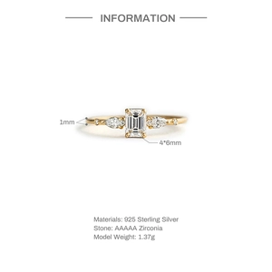 Detail of 925 sterling silver ring featuring 4x6mm emerald cut AAAAA zirconia stone