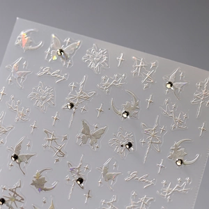 5D Relief Nail Art Stickers Holographic Laser Silver Butterfly Star Moon Adhesive Decals With Rhinestones DIY Manicure