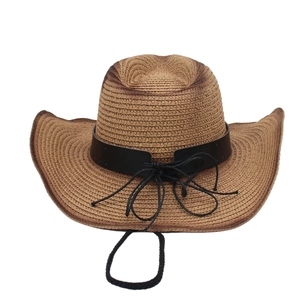 Detail of western woven straw cowboy hat featuring leather band and adjustable chin cord