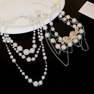 French retro double-layer pearl necklace with vintage silver butterfly pendant charm