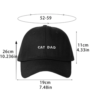 Black CAT DAD embroidered baseball cap for men and women with size guide measurements