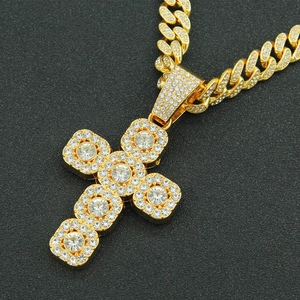Men's hip hop gold iced out cross pendant necklace with sparkling Cuban link chain