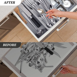 Expandable drawer organizer for cutlery showing before and after comparison of kitchen storage