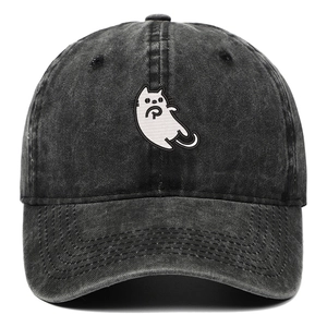 Vintage washed charcoal cotton baseball cap with a white cartoon cat embroidery detail