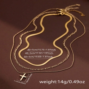 Three-layer gold layered necklace with snake chain and cross pendant for women fashion