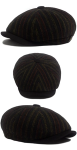 Dettaglio del berretto newsboy a righe vintage in misto lana con viste multi-angolo