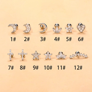 Set of 12 stainless steel cartilage earrings with moon star zircon designs and screw backs