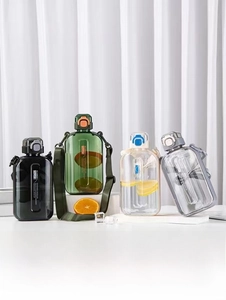 Detail view of 750ml square fitness water bottles in four colors with carry strap
