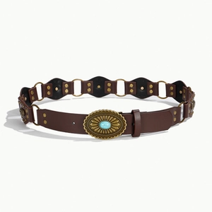 Cintura larga vintage in pelle marrone con anelli dorati e fibbia turchese