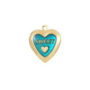 Golden heart locket pendant with turquoise enamel and Sweet engraving on white background
