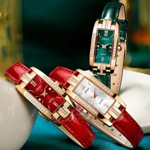 Elegant square women's quartz watches with leather straps in red, green, and white