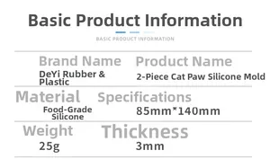 Specifications of 2-cavity cat paw silicone mold, size 85x140mm and 25g weight details